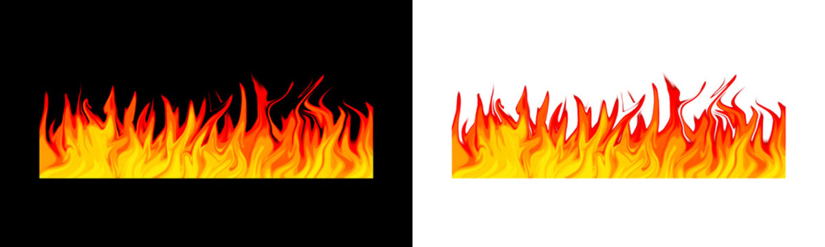 Set of realistic fire flames isolated on black and transparent background