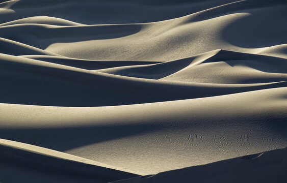 View of the rippled sand dunes at Mesquite Flat Sand Dunes with dramatic shadows and golden hour light in Death Valley, California, United States.