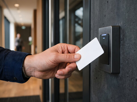 Hand using access card on electronic reader at modern office entrance