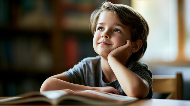 A bright elementary school boy sitting at a wooden study desk with an open storybook, resting his chin gently on one hand while gazing upward with a thoughtful smile