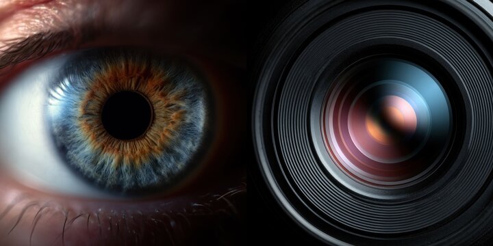 Close up of human eye and camera lens concepts of vision and photography