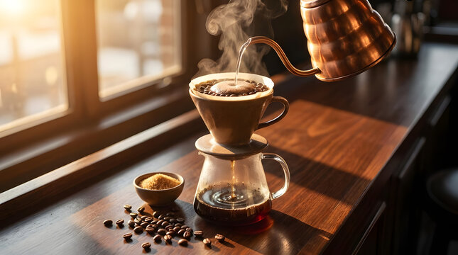 Pour-over coffee brewing in sunlit morning cafe.