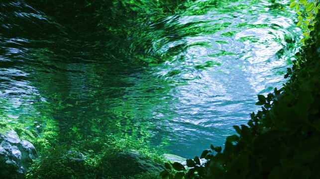 Nature background of clear flowing stream with green aquatic plants and sunlight reflection