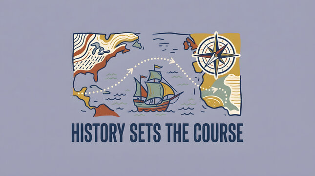 Ship on map with compass, history sets course illustration.