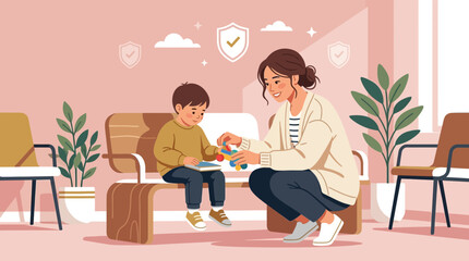 Fototapeta premium Mother and Child Playing in Waiting Room - Healthcare Concept