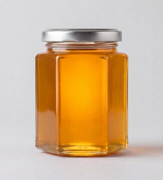 Hexagonal glass jar filled with golden honey and plain metal lid