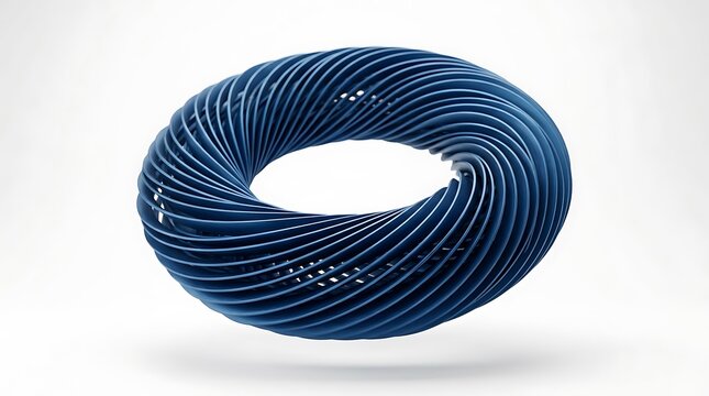 Abstract blue geometric torus shape with swirling patterned surface isolated