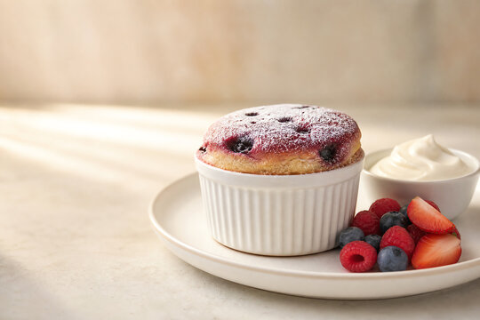 A delectable berry souffle served with whipped cream and fresh fruits, perfect for a delightful dessert experience.