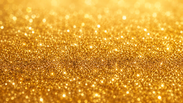 A dazzling close-up of shimmering golden glitter, ideal for backgrounds, design projects, and festive decorations.