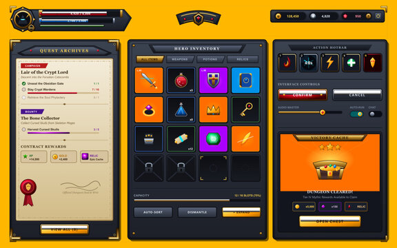 Fantasy RPG Inventory and Quest Interface with Victory Reward Cache