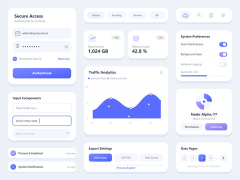 Modern dashboard user interface with login form and analytics cards