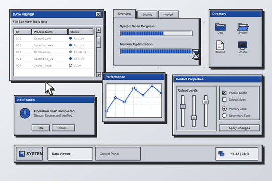 Retro computer interface with system windows and control panels