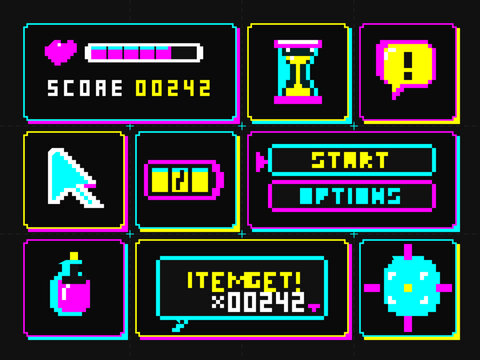 Neon pixel art game interface elements on black background