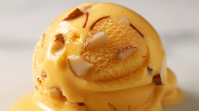 Close-up Macro Shot of Creamy Saffron Kulfi Ice Cream Scoop Drizzled with Rich Sauce and Topped with Crunchy Almond and Cashew Nuts, Representing an Exotic Indian Frozen Dessert Treat