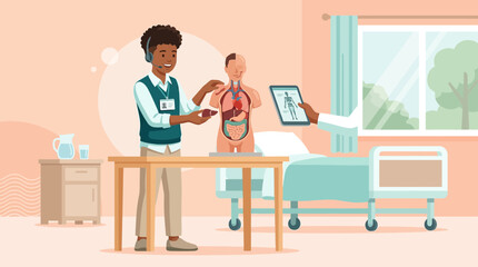 Fototapeta premium Medical Education: Doctor Teaching Anatomy with Model and Tablet