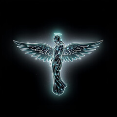 Naklejka premium Neon angel in cyberpunk style, wireframe graphic for spiritual banner.