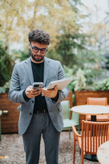 Fototapeta premium Man in a suit uses a smartphone and tablet while standing outside at a cafe. A professional checks messages and work on two devices in an outdoor business setting.
