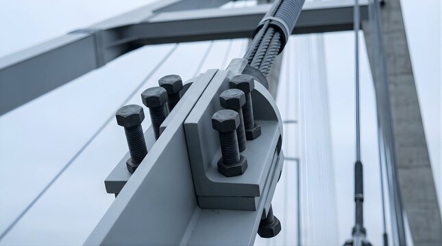 Close-up of steel cable tension anchor and bolts on modern bridge