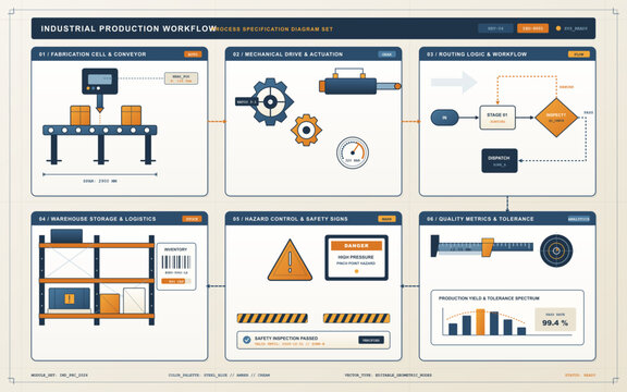 Industrial production workflow infographic with factory process icons