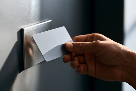 Hand using access card on electronic reader at secure entrance