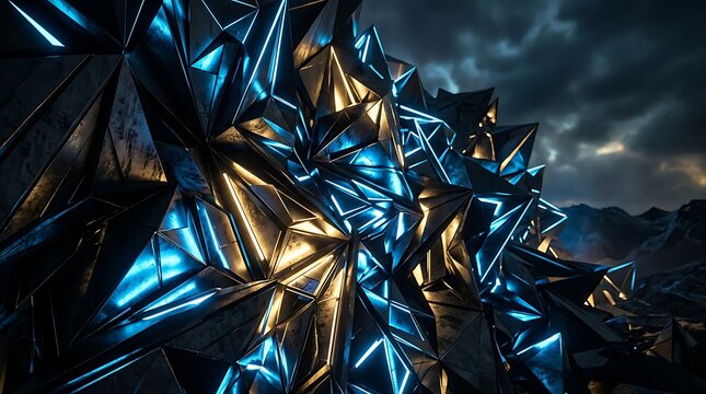 Abstract futuristic dark crystalline structure with glowing blue and orange geometric light lines