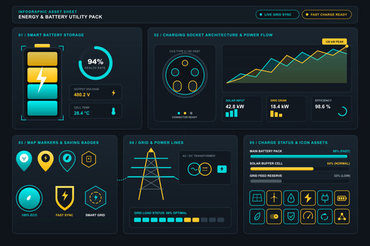 Energy and battery utility infographic dashboard set