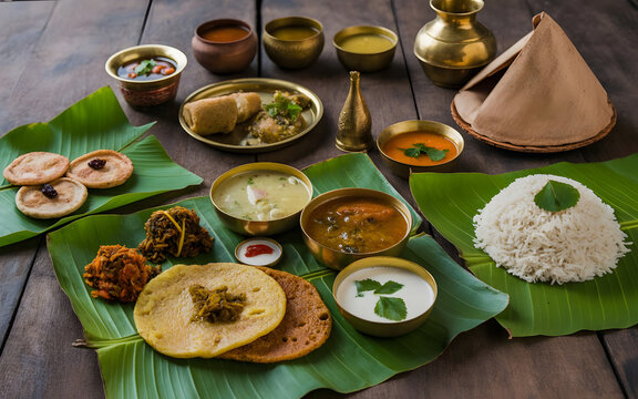 Traditional Chhattisgarhi Thali with Chila Pancakes, Fara Dumplings, Rice, Dal, Tribal Vegetable Curries and Chutney on Leaf Plates