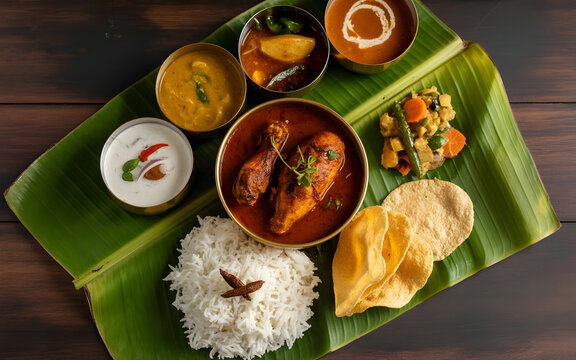 Authentic South Indian Chicken Thali on Banana Leaf with Chettinad Curry, Steamed Rice, Sambar, Rasam, Coconut Chutney, Poriyal and Papadum