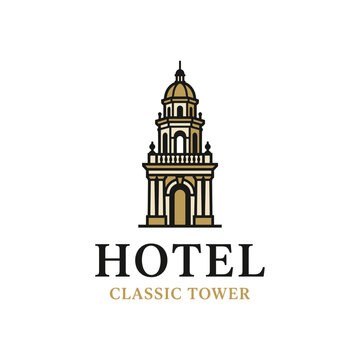 Classic tower hotel architectural logo symbol.
