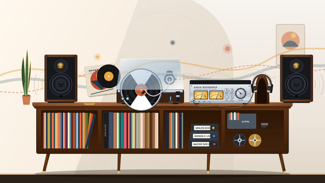 Retro Hi-Fi Audio Console with Turntable, Speakers, and Records