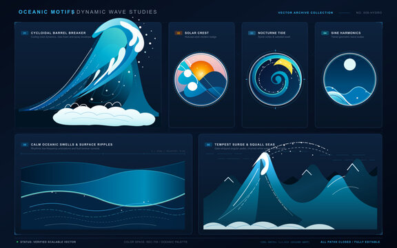 Ocean wave studies in blue vector infographic layout