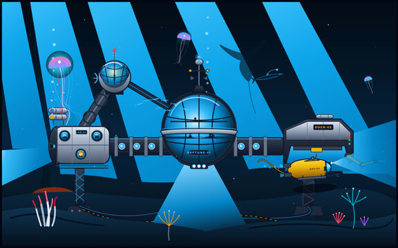Futuristic Underwater Research Station With Submersible Robots