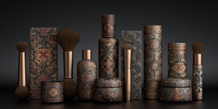 Cosmetics and makeup brushes displayed with ornate patterns on a dark background