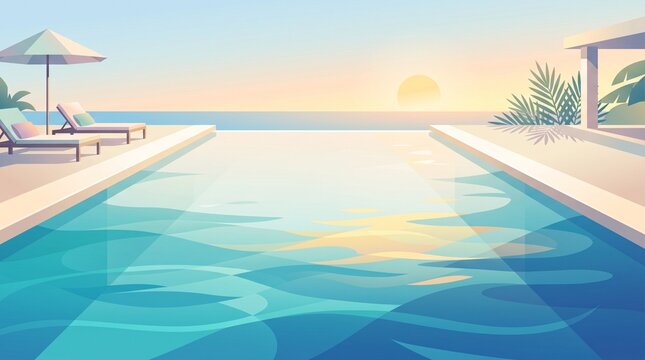 Beautiful luxury infinity pool with sun loungers and umbrella overlooking the ocean at sunset for resort and travel advertising
