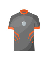 Grey esports jersey with vibrant orange trim and geometric shapes for gaming team apparel © Rizwal