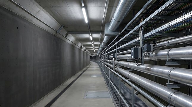Modern utility tunnel with industrial pipes and electrical conduits in a concrete corridor