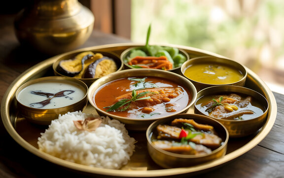 Authentic Assamese Thali with Masor Tenga Fish Curry, Khar, Steamed Rice, Fried Eggplant, Bamboo Shoot Pickle, Dal and Green Vegetables