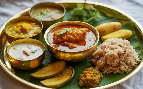 Authentic Assamese Thali with Masor Tenga Fish Curry, Khar, Steamed Rice, Fried Eggplant, Bamboo Shoot Pickle, Dal and Green Vegetables