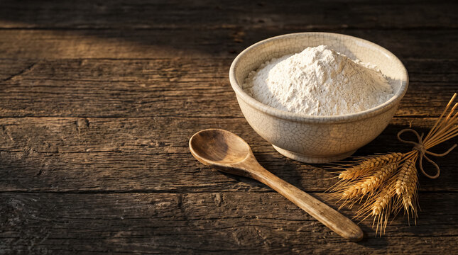 Flour Bowl with Wooden Spoon and Wheat Sheaf on Table