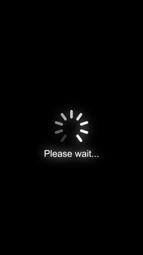 Rotating loading spinner with please wait text on black background, for digital interface, and web ui progress