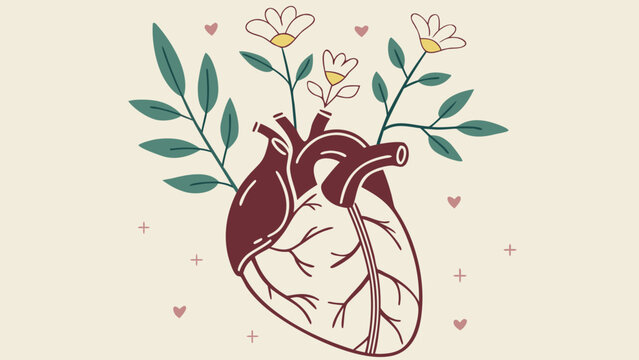 Human anatomical heart growing blooming flowers and green leaves cardiology healthy lifestyle emotional love concept editorial style vector illustration
