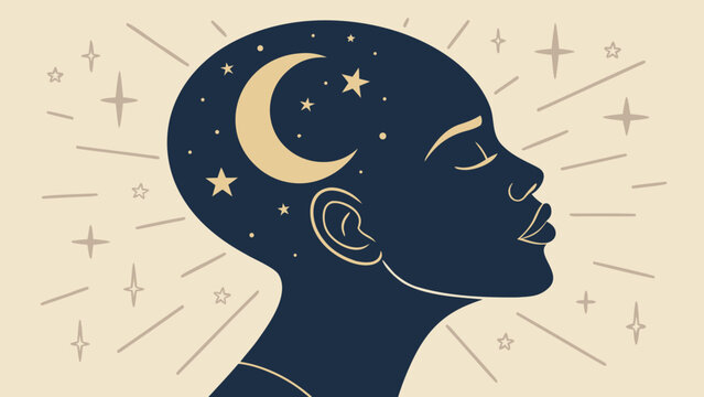 Human head silhouette profile with crescent moon and night sky stars inside brain mental health sleep hygiene psychology concept editorial style vector illustration