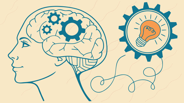 Human head profile with brain gears connected to glowing lightbulb gear idea generation creative thinking problem solving concept editorial vector illustration