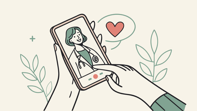Hands holding smartphone with female doctor on screen online medical consultation telehealth care digital healthcare editorial style vector illustration