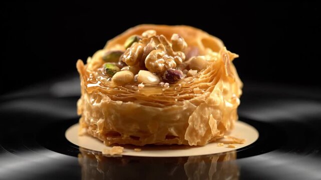 Close-up of traditional Middle Eastern baklava pastry roll topped with walnuts and pistachios, drizzled with sweet syrup on a dark, reflective background.