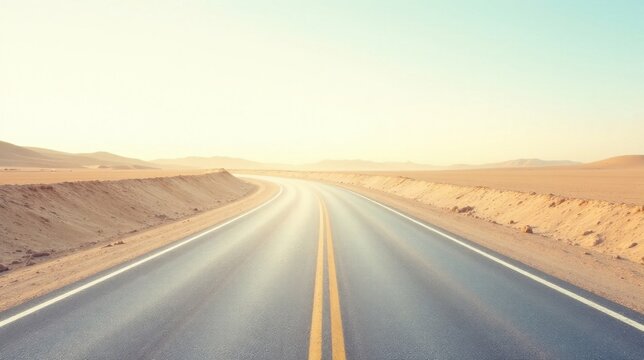 Asphalt ribbon curving through a sun-drenched desert landscape, a journey of endless horizons and untold adventures awaits