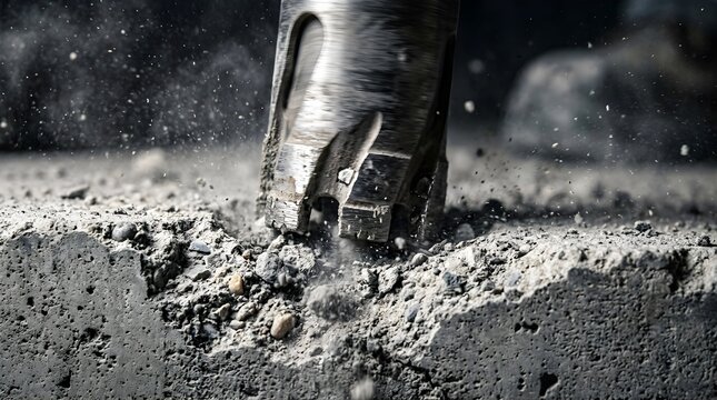 Industrial concrete core drill bit cutting into stone slab with dust