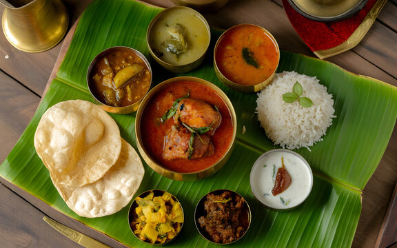 Authentic Andhra Pradesh Chicken Thali on Banana Leaf with Spicy Curry, Gongura Pachadi, Pappu Dal, Steamed Rice, Papadum, Pickle and Curd