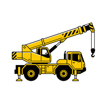 Yellow Construction Crane With Extended Boom And Hook Ready For Work