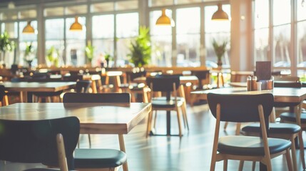 Fototapeta premium Interior dining scene of a bright, modern eatery with tables and chairs, soft sunlight
